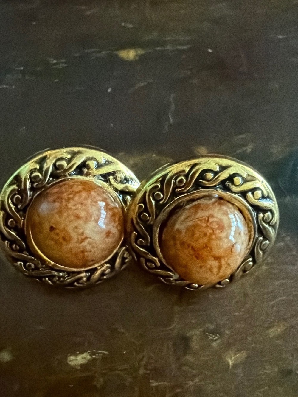 Gold-Tone Stud Earrings with Brown Marbled Cabochons